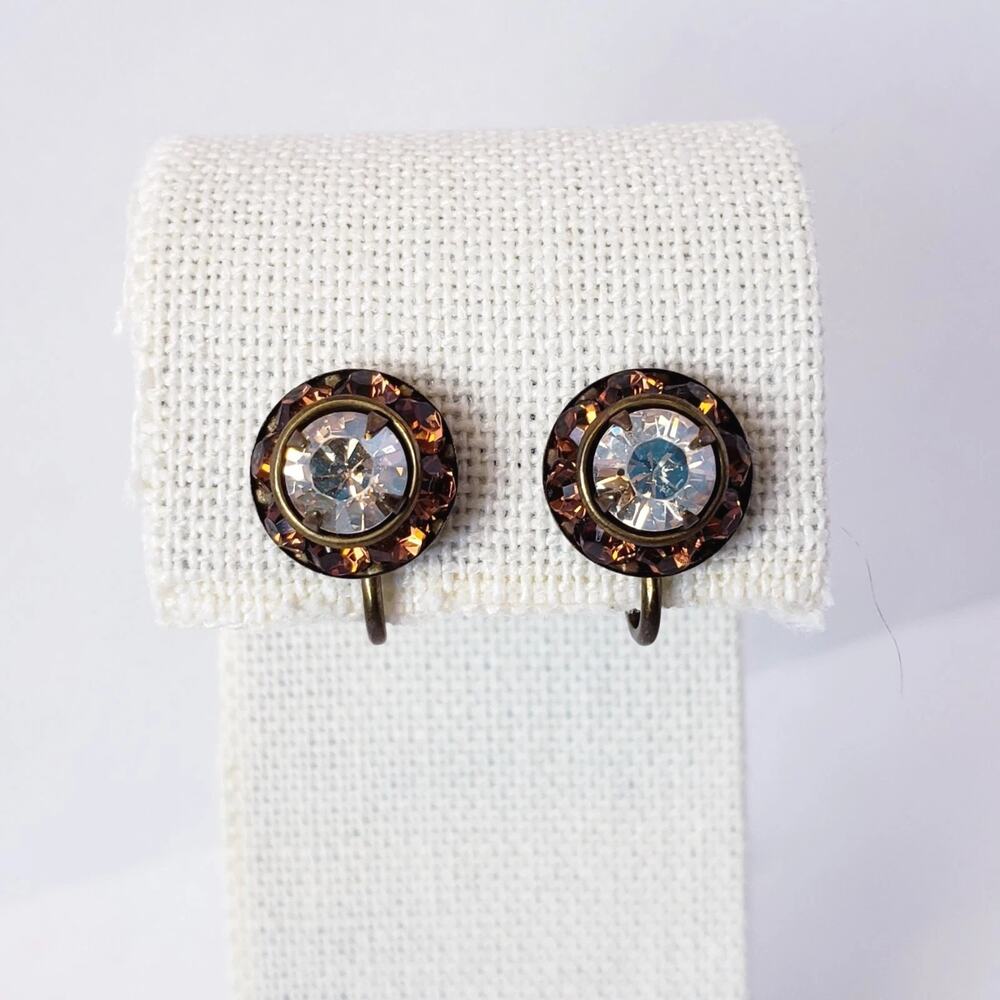Vintage Liz Palacios Antique Brass Tone Amber‎ & Clear Crystal Clip On Earrings
